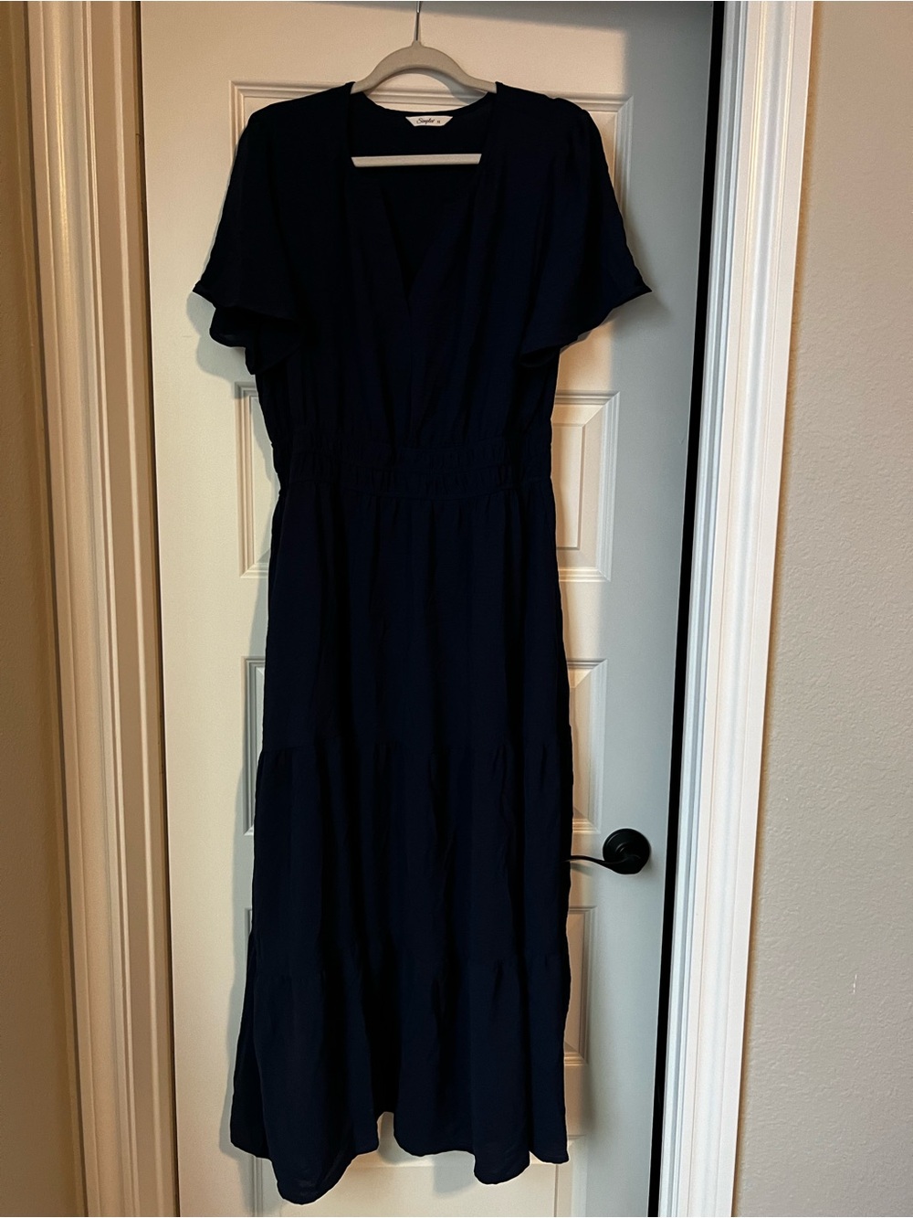 Simplee solid navy blue tiered maxi dress with V-neckline